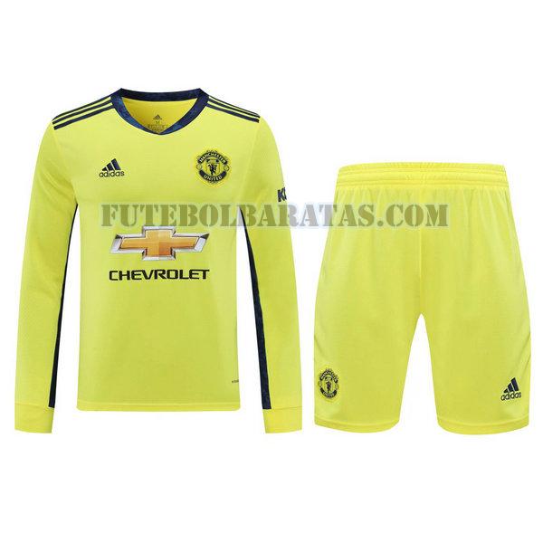 camisas+calção manchester united 2021 goleiro manga comprida - amarelo homens
