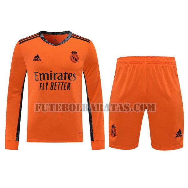 camisas+calção real madrid 2021 goleiro manga comprida - laranja homens